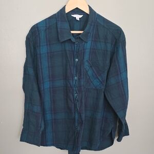 Time and Tru Women's s Teal Plaid Button Down Shirt